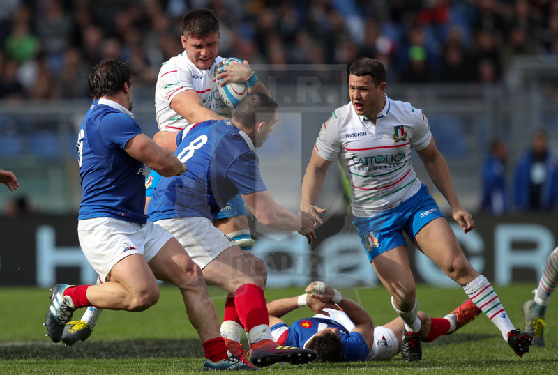 Guinness Sei Nazioni 2019, Round 5, Roma, Stadio Olimpico, 16/03/2019, Italia v Francia. Jake Polledri a contatto con Louis Picamoles. Foto Roberto Bregani/Fotosportit