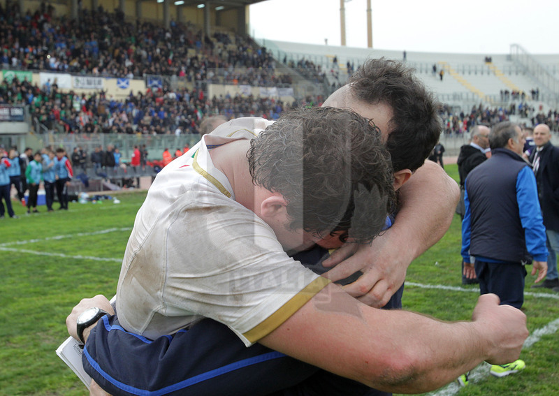 Natwest Sei Nazioni U20 2018, round 5, Bari, stadio della Vittoria 16/03/2018, Italia U20 v Scozia U20, la gioia degli Azzurri a fine match, le lacrime di Lamaro e l\