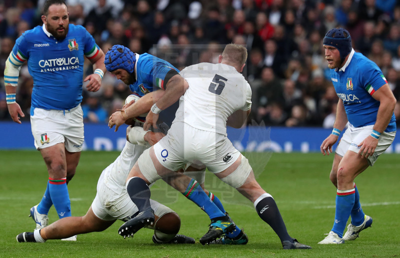 Guinness Sei Nazioni 2019, Round 4, Londra, Twickenham 09/03/2019, Inghilterra v Italia, placcaggio raddoppiato su Dean Budd. Foto Daniele Resini/Fotosportit