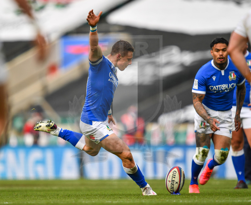 Guinness Sei Nazioni 2021, Round 2, Londra, Twickenham 13/02/2021, Inghilterra v Italia, Paolo Garbisi al piazzato. Foto Graig Thomas/Fotosportit
