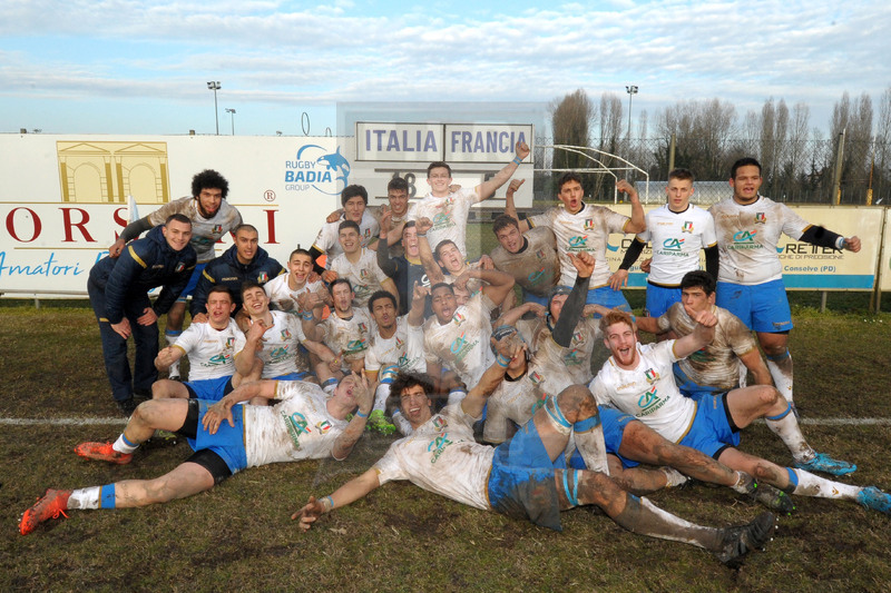 Test match U18, Badia Polesine 24/02/2018, Italia U18 v Francia U18, gli Azzurri festeggiano la vittoria.
