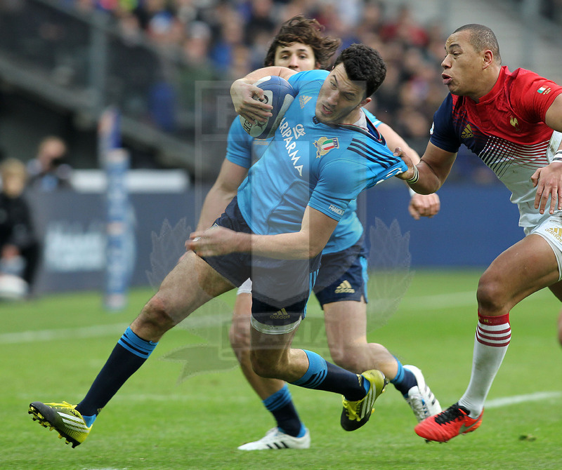 Rbs Sei Nazioni 2016, round 1, Parigi, Stade de France 06/02/2016, Francia v Italia, Leonardo Sarto preso da Ariel Ficou. Foto Daniele Resini/Fotosportit