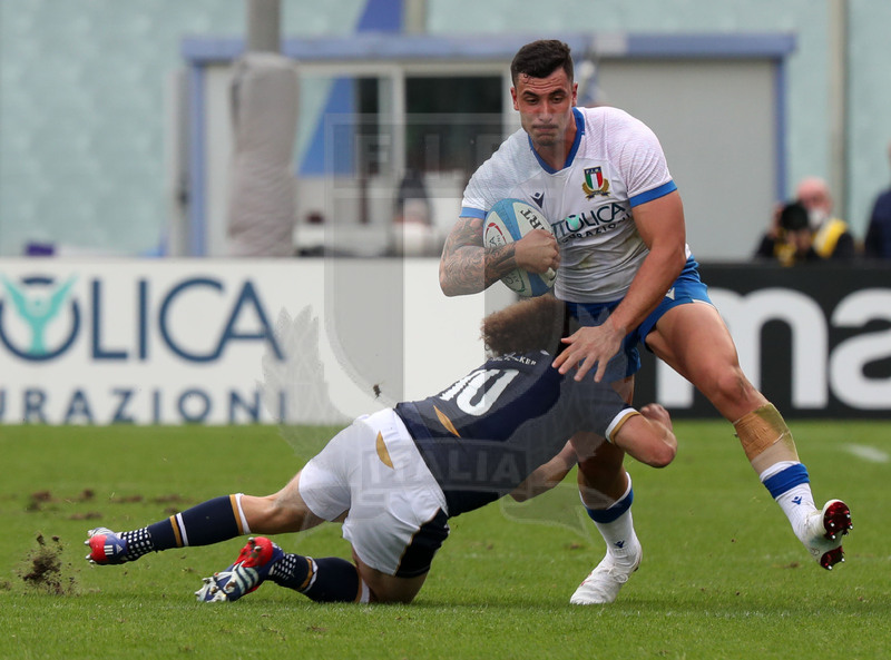 Autumn Nations Cup, Cattolica Test match 2020, Firenze, stadio Lanfranchi 14/11/2020, Italia v Scozia, Marco Zanon placcato da Duncan Weir. Foto Daniele Resini/Fotosportit