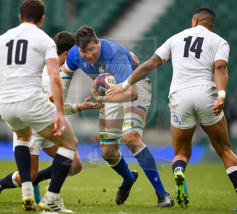 Guinness Sei Nazioni 2021, Round 2, Londra, Twickenham 13/02/2021, Inghilterra v Italia, Sebastian Negri nel traffico. Foto Graig Thomas/Fotosportit