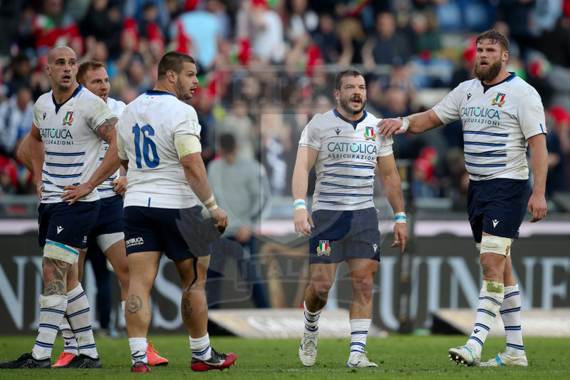 Guinness Sei Nazioni 2020, Round 3, Roma, Stadio Olimpico, 22/02/2020, Italia v Scozia. Marco Lazzaroni, Giulio Bisegni, Luca Bigi, Guglielmo Palazzani Dean Budd a fine partita. Foto Roberto Bregani/Fotosportit