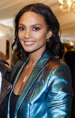 Alesha Dixon fashions a shiny turquoise jacket as she and boyfriend Azuka Ononye support Graduate Fashion Week London