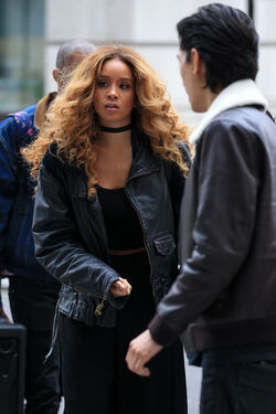 Lion Babe Jillian Hervey and Lucas Goodman leaving BBC Radio 1 Live Lounge after performing on the show London