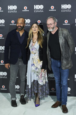 Sarah Jessica Parker fashions a Chanel jacket and Tracey Reese dress at the HBO Espana launch Madrid
