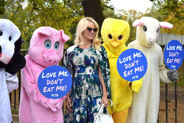Pamela Anderson Joins Giant Animal Mascots as she Pitches her Loving Vegan Diet Pamela Anderson Joins Giant Animal Mascots as she Pitches her Loving Vegan Diet