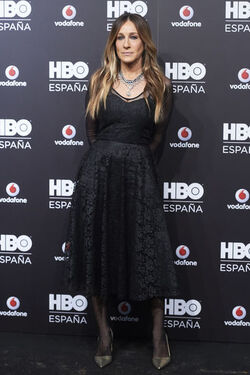 Sarah Jessica Parker fashions a 30 Euro Williamsburg Vintage dress at the HBO Spain premiere in Spain
