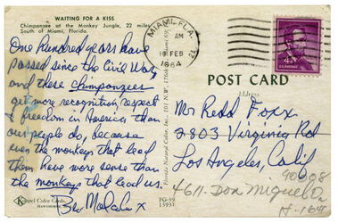 Malcolm X Handwritten Postcard Featuring Chimpanzee Expressing Racial Tensions to be Auctioned