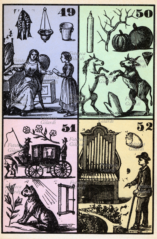 SMORFIA tavola con oggetti o situazioni sognate, abbinati ai numeri da giocare al lotto secondo la tradizione. Qui raffigurati i numeri 49, 50, 51, 52. Incisione dell\