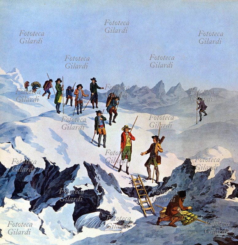 ALPINISMO La passione dello scienziato svizzero, Horace Bénèdict de Saussure per il Monte Bianco, diede inizio nel 1787 il grande avvio allo sport alpinistico, Alessandro Volta, (suo amico) gli dedicò un poemetto. Nella stampa, lo scienziato è ritratto mentre guida il suo gruppo nella discesa del Monte Bianco, dopo averne raggiunto la sommità. Francia XVIII secolo