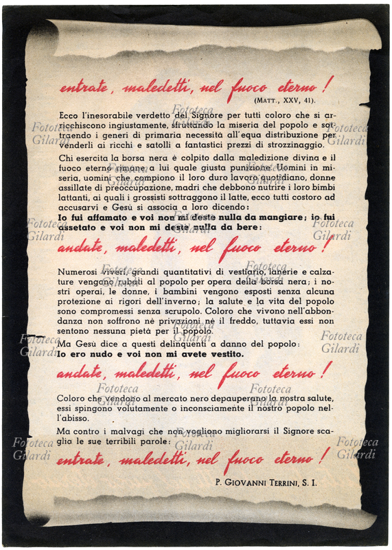 BORSA NERA Raro e curioso manifestino fascista con citazione del Vangelo (Matteo 25, 41) e un enfatico testo di P. Giovanni Terrini, S.I., contro i "borsari neri" (vedi fronte in #39259). Italia, 1940 - 1945