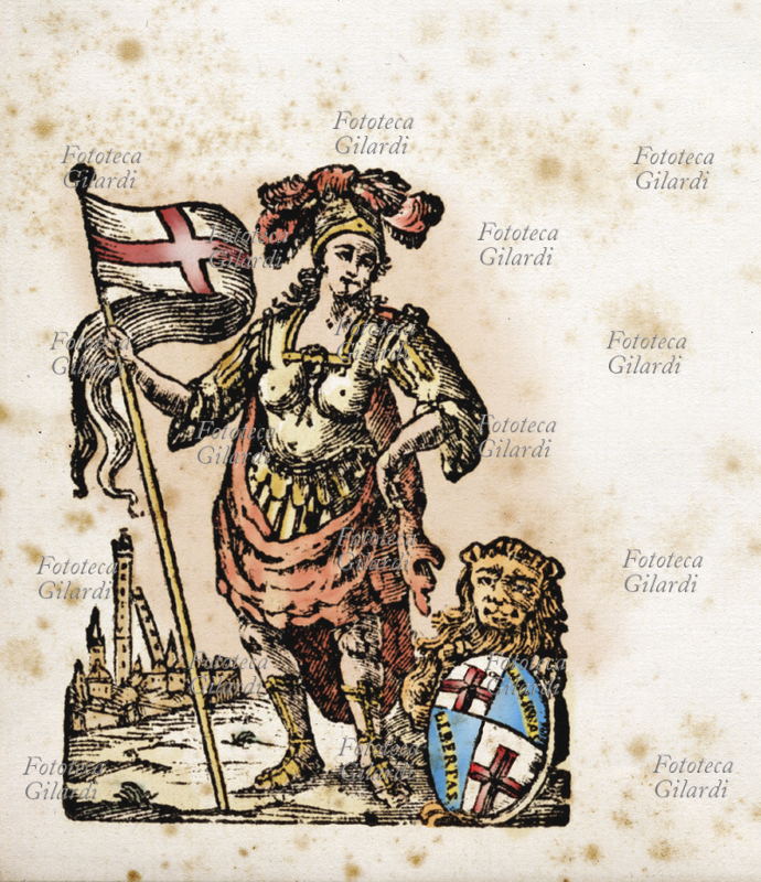 BOLOGNA figura allegorica di donna con bandiera crociata, ai suoi piedi il leone con lo stemma della città di Bologna, uno scudo con due campi bianchi e croce ossa, due con campo azzurro e scritta \