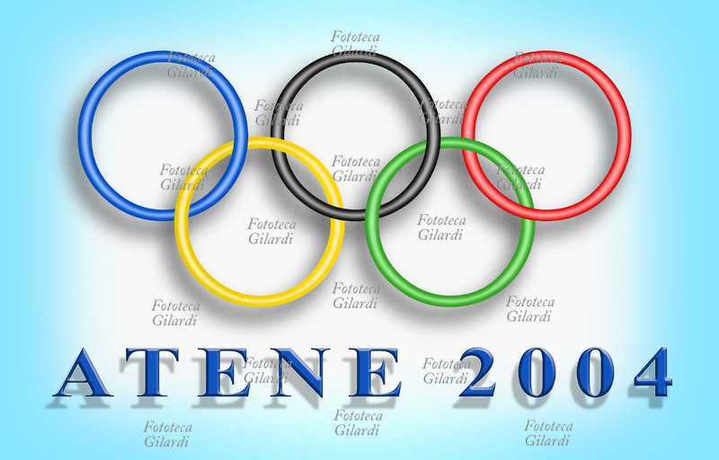 OLIMPIADI Atene 2004 gli anelli simbolo della competizione sportiva mondiale disegnati sulla bandiera olimpica bianca con i bordi azzurri, colore della bandiera della nazione Ospite: la Grecia. I 5 anelli intecciati furono per la prima volta il simbolo delle Olimpiadi ad Anversa nel 1920 e simboleggiano i 5 continenti: blu Europa, giallo Asia, nero Africa, verde Oceania, rosso America. Atene 2004