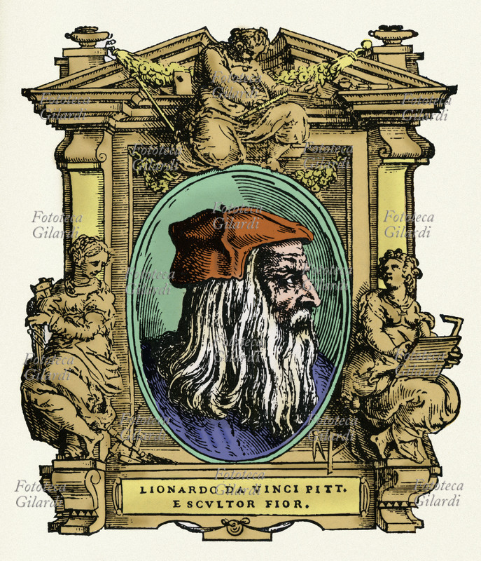 LEONARDO DA VINCI (15 aprile 1452 – 2 maggio 1519) ingegnere, scienziato, pittore e scultore fiorentino. Il ritratto in ovale è racchiuso in una cornice decorata con due muse che reggono gli strumenti dell\