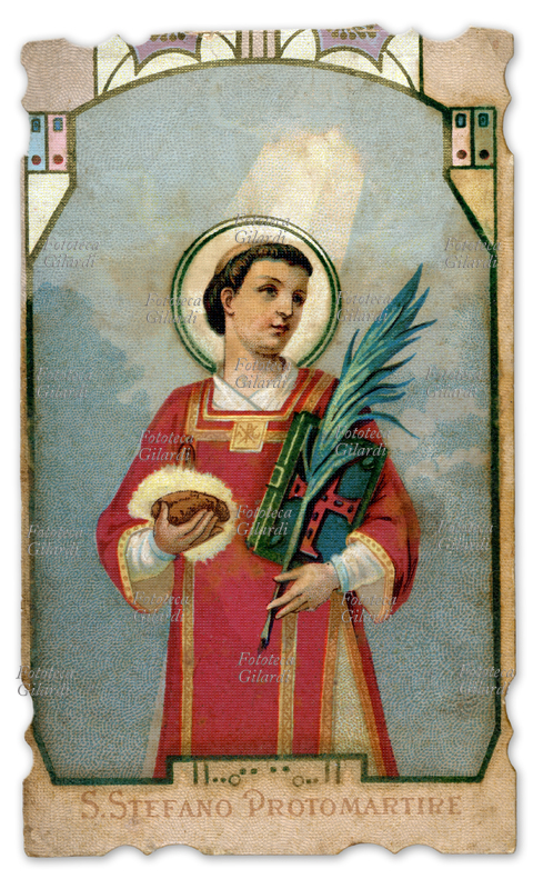 SANTINO Saint Stephen Levita Protomartire. The Saint is represented with in hand the sacred writings, a leaf of palm and a stone, symbol of the martyrdom happened for lapidazione to Gerusalenne in the 36 d.C. Cromolitografia, 1904.