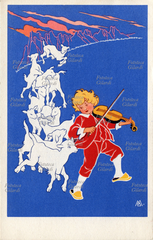 BAMBINI piccolo pastorello, suonatore di violino, incanta le sue caprette bianche danzanti. Illustrazione di M. B. dalla serie \