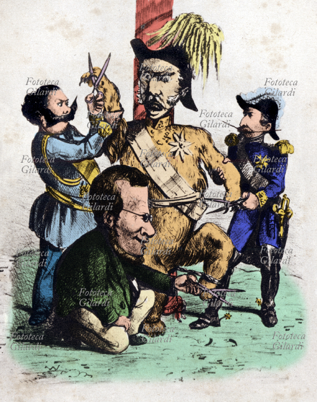 RISORGIMENTO Vittorio Emanuele II, Camillo Benso Conte di Cavour e Napoleone III tagliano le unghie all\