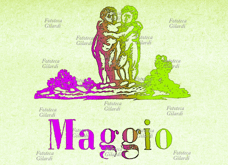 ZODIACO Gemelli, Maggio. Elaborazione di xilografia da almanacco del 1913 \