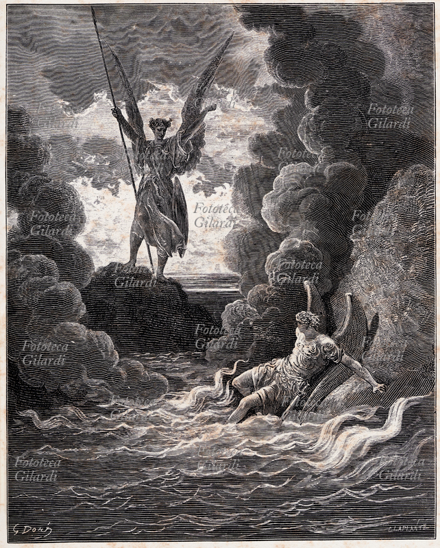 Gustave DORÉ (1832-1883) Angeli. Satana e Belzebù caduti dal Paradiso, negli abissi di fuoco... Illustrazione da \