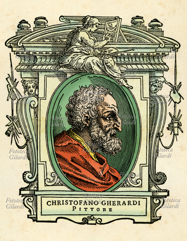 Cristoforo GHERARDI (1508 - 1556) detto Il Doceno, pittore italiano, allievo di Raffaellino del Colle, collaboratore e amico di Giorgio Vasari. Il ritratto in ovale è racchiuso in una cornice decorata con figure allegoriche e strumenti delle arti. Illustrazione colorizzata su base xilografica del XVI secolo, dal trattato \