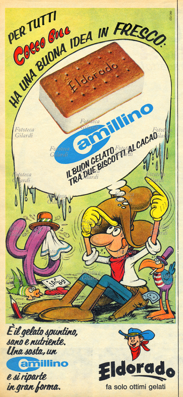 PUBBLICITÀ Cocco Bill, personaggio del celebre fumettista italiano Benito Jacovitti (1923-1997), testimonial della campagna stampa per il gelato "Camillino" Eldorado, Italia 1969