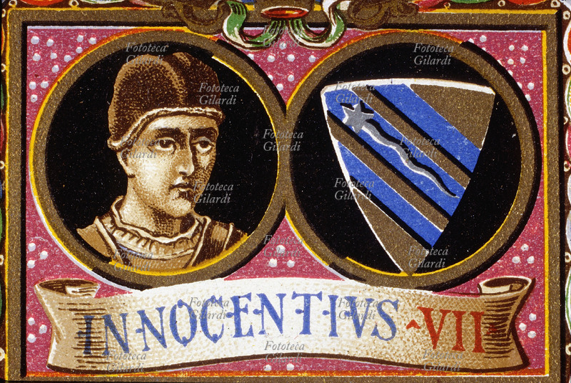 PAPA INNOCENZO VII (1336 circa - 1406) al secolo Cosimo Migliorati, nato a Sulmona, eletto nel 1404; il suo pontificato si svolse durante il grande scisma d\