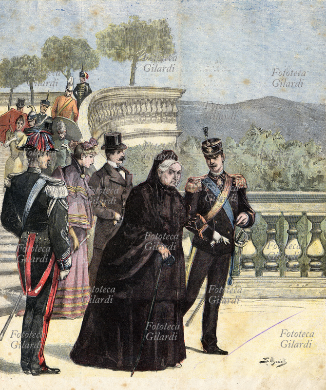 CRONACA MONDANA la regina Vittoria in visita a Villa Palmieri presso Firenze. Disegno di Silhouette (Adriano Minardi, 1857 - 1938) per la copertina de "La Tribuna Illustrata della Domenica", Italia, 26 marzo 1893