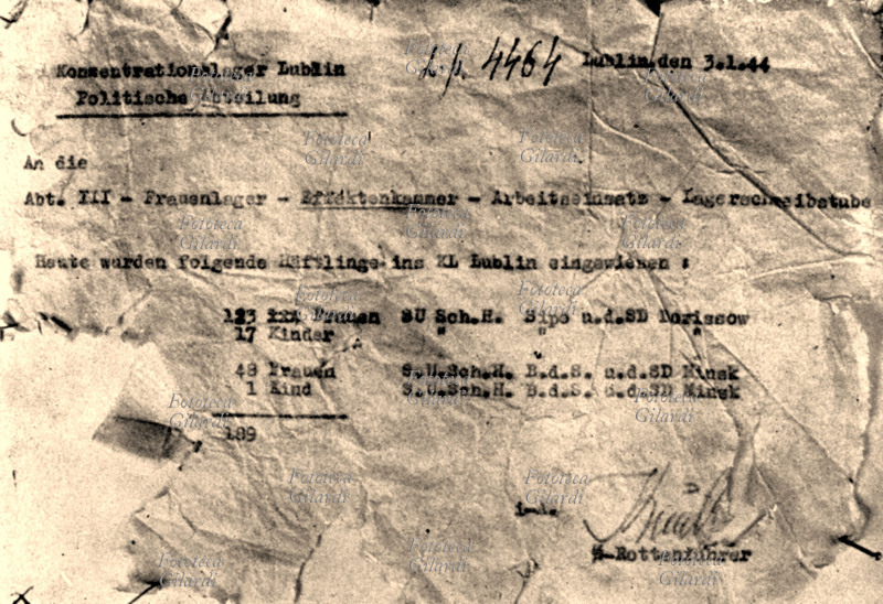 II G.M. NAZISMO ricevuta per la consegna di 124 donne e 18 bambini ebrei trasferiti come cavie per esperimenti scientifici nel campo di Majdanek. Polonia, 3 gennaio 1944.