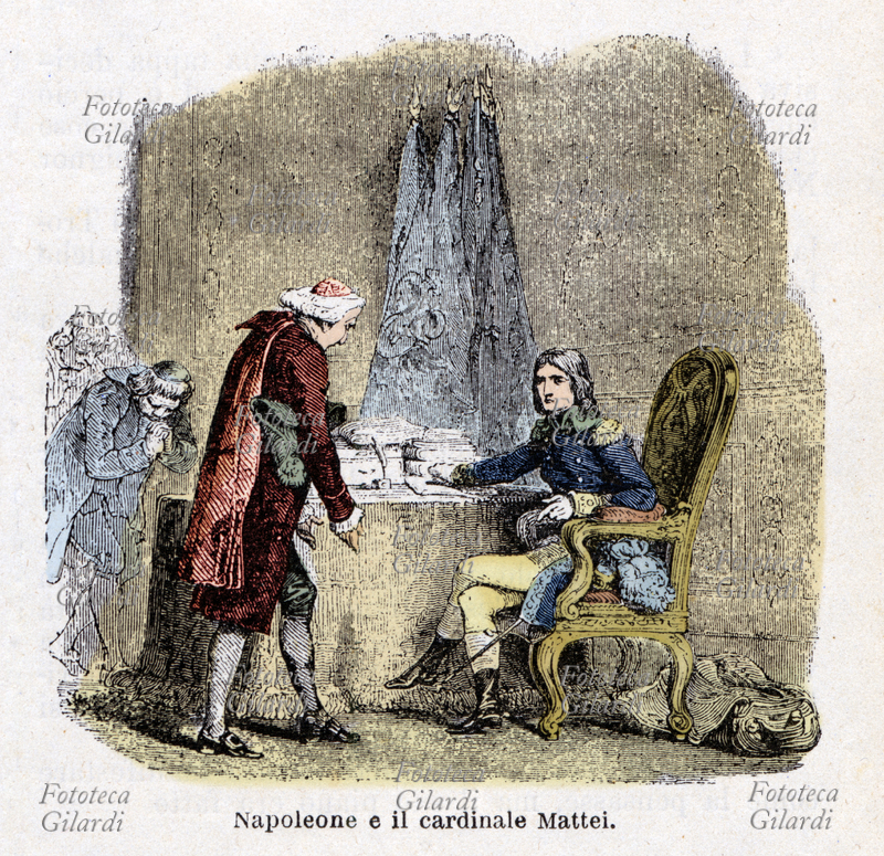 Napoleone BONAPARTE (15 agosto 1769 – 5 maggio 1821) in Italia; vinta la battaglia di Castiglione, Bonaparte fece arrestare il cardinale Alessandro Mattei (20 febbraio 1744 – 20 aprile 1820), arcivescovo di Ferrara e acceso sostenitore dei dominatori austriaci. Condotto nel quartier generale di Brescia il 18 agosto 1796 al cospetto del vincitore, il cardinale si mostrò contrito e questo gli valse una riduzione della pena a pochi mesi di reclusione in un seminario. Incisione di Antonio Bonamore (1845-1907), da "Storia di Napoleone" di Jacques De Norvins (18 giugno 1769 – 30 luglio 1854), Edoardo Sonzogno editore, Milano 1893