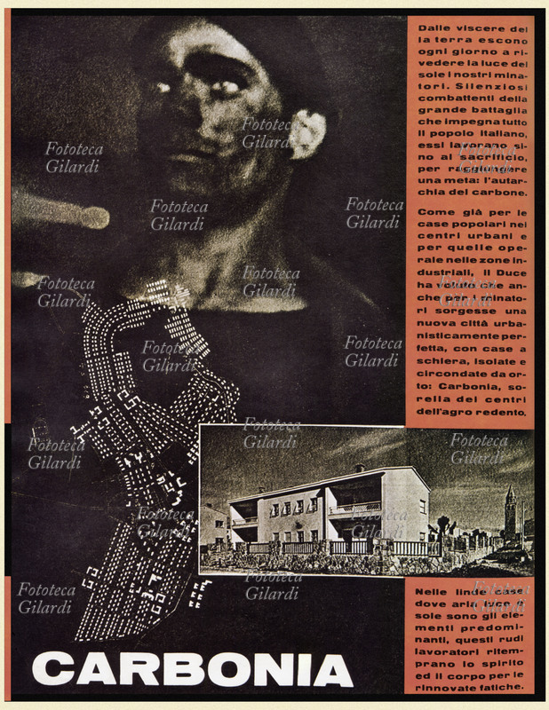FASCISMO Manifesto propagandistico per la realizzazione di Carbonia nuova città costruita dal regime fascista per i minatori di Sardegna. Italia 1939