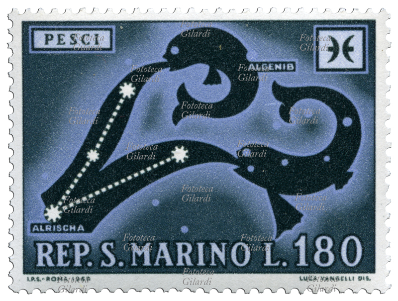 ZODIACO Costellazione dei Pesci, raffigurazione con il simbolo astrologico e le stelle principali Algenib e Alrischa. Francobollo di una serie emessa dalle Poste sammarinesi rappresentante i segni dello Zodiaco. Disegno di Luca Vangelli, tipo di stampa: fotoincisione, valore nominale L. 180. Repubblica di San Marino, emissione 18 febbraio 1970
