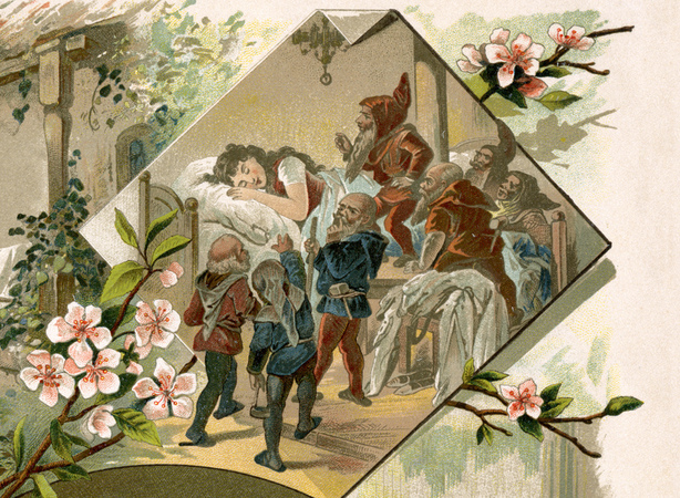 SNOW WHITE FALLS ASLEEP EXHAUSTED IN THE BED OF ONE OF THE DWARFS