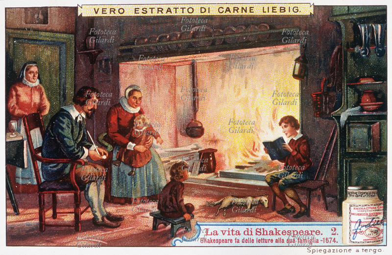 William SHAKESPEARE (1564-1616) fa delle letture alla sua famiglia, 1574. Ancora adolescente, intrattiene i suoi cari raccolti intorno al camino. Vero Estratto di Carne Liebig. Cromolitografia, figurina Liebig della serie "La vita di Shakespeare", n. 2. Italia, 1906