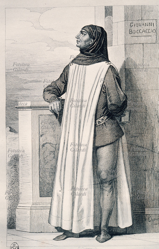 Giovanni BOCCACCIO (1313-1375) poeta e scrittore italiano. Ritratto a figura intera, stampa calcografica del XVIII secolo.
