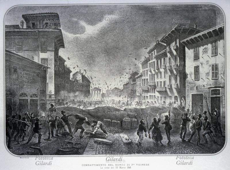 RISORGIMENTO Le Cinque Giornate di Milano. Combattimento nel Borgo di Porta Ticinese la notte del 20 Marzo 1848. Litografia, Italia XIX secolo.