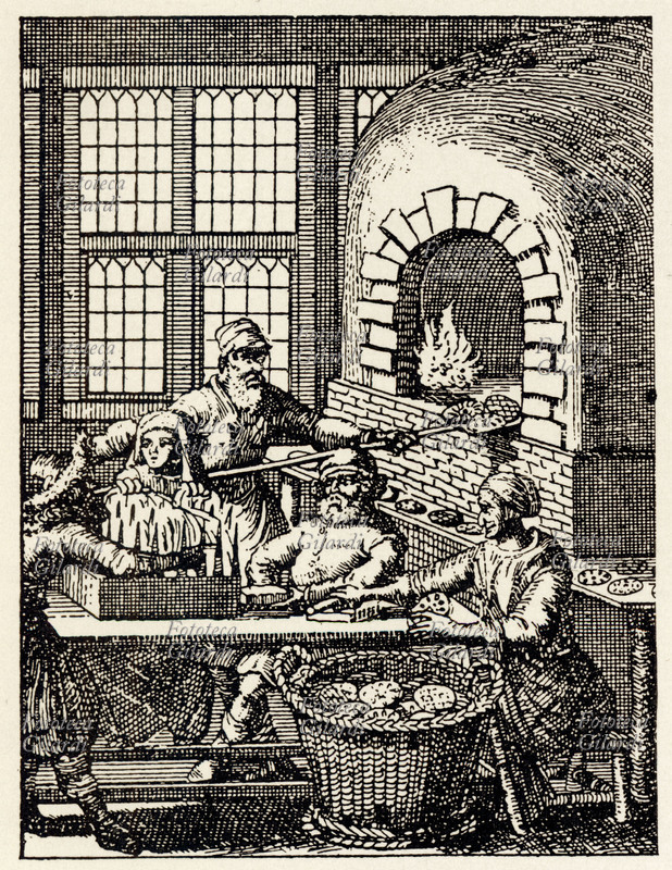 PANE Ebraismo. La tradizione della cottura del Matzoh, pane non lievitato. Stampa della fine del XVIII secolo