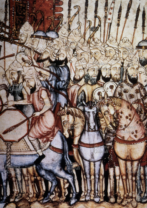 CAVALIERI ARABI Gruppo di guerrieri musulmani. Miniatura dell\