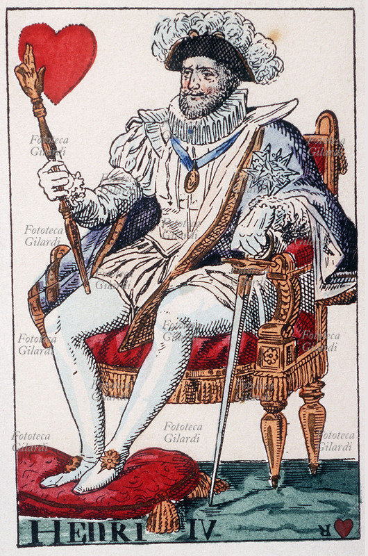 CARTE DA GIOCO Henry IV de Borbone (13 dicembre 1553 – 14 maggio 1610), re di Navarra (come Enrico III) dal 1572, re di Francia dal 1589, detto Enrico IV il Grande. Ritratto come re di cuori nel mazzo di carte da gioco disegnato da Armand-Gustave Houbigant (29 gennaio 1790 - 12 gennaio 1863) in occasione del matrimonio di Carlo Ferdinando d\