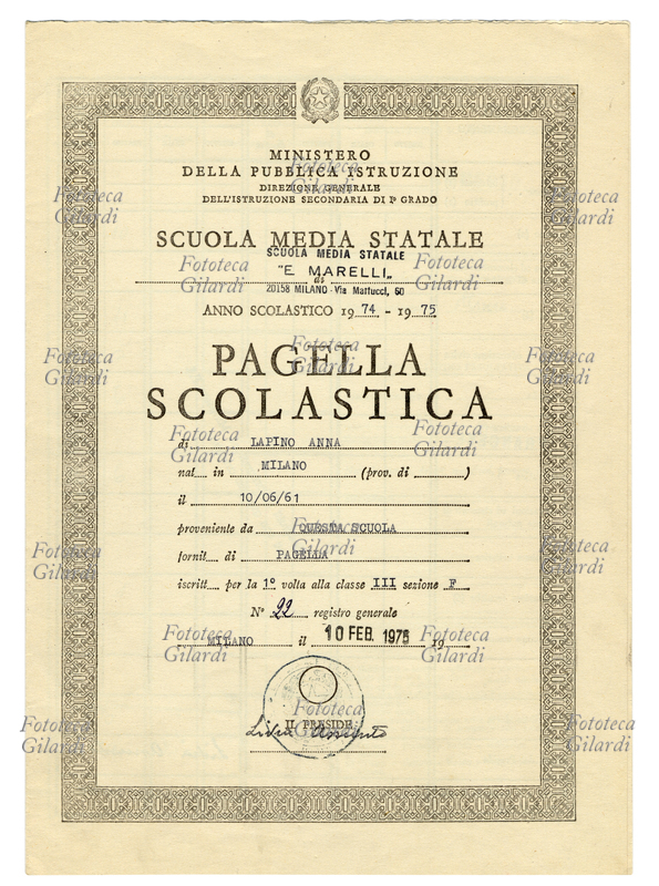PAGELLA scolastica della I classe Scuola Media Statale, anno scolastico 1974/75. Ministero della Pubblica Istruzione, Direzione generale dell\