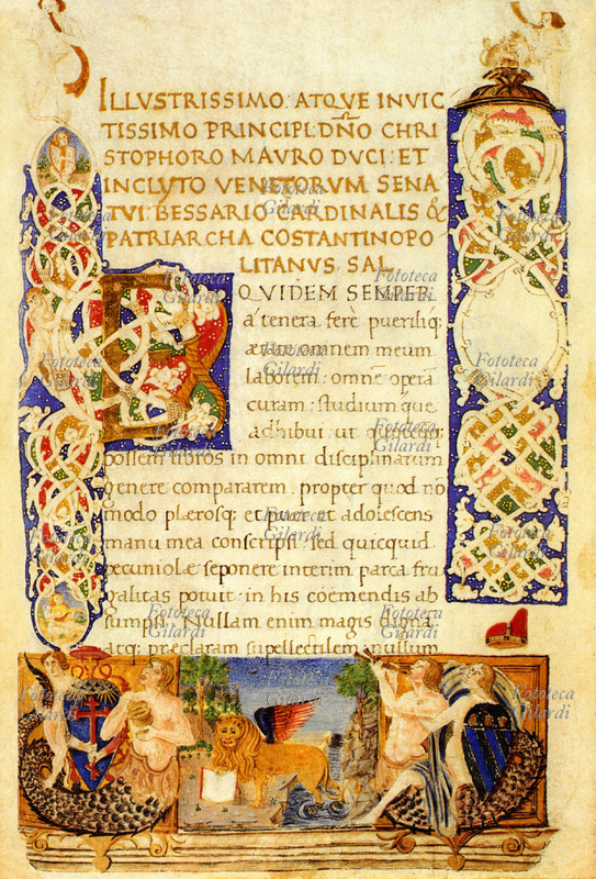 BESSARIONE Frontespizio degli atti di donazione di libri da parte del cardinale Bessarione alla Repubblica di Venezia che con essi, nel 1468 fondò la Biblioteca di San Marco. Stampa fac-simile XIX secolo