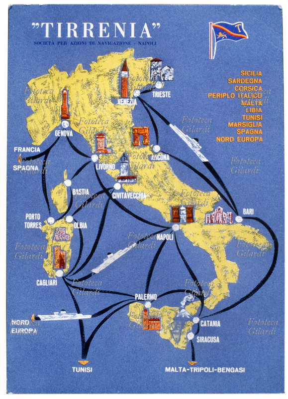 TURISMO Cartolina pubblicitaria per la compagnia di navigazione Tirrenia di Napoli. È illustrata una carta d\