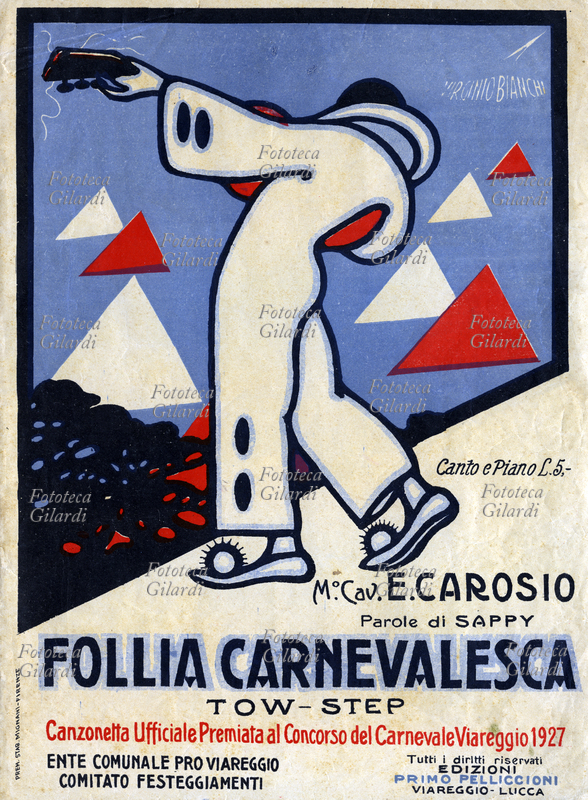 CARNIVAL Cover illustrated by Virginio Bianchi of the score of "Follia carnevalesca" Tow Step, words of "Sappy" music Erminio Carosio. Official Canzonetta, awarded at the Viareggio Carnival competition, Pro Viareggio Municipal Body, Celebration Committee, Edizioni Pelliccioni Viareggio - Lucca 1927
