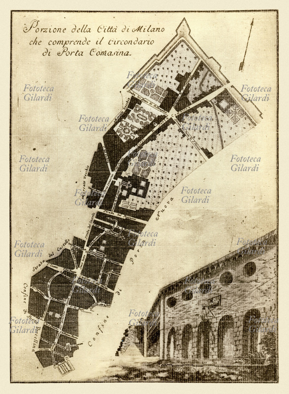 MILANO Porzione della Città di Milano che comprende il circondario di Porta Comasina. Da una serie di sei tavole derivate da mappe catastali disegnate per il censimento di Maria Teresa, In basso il riferimento alla misura in scala: Mille braccia Milanesi. Tavola disegnata dal monaco Mauro Ferrari, 1784 circa