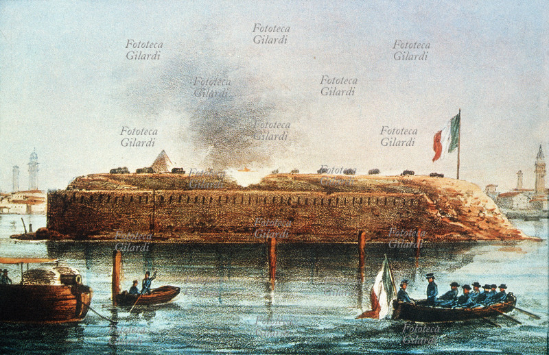 FORTY-EIGHT the Austrians besiege Venice after the revolt and the proclamation of the Saint Republic of Marcus from Manin. In this press of the age a battery in action.
