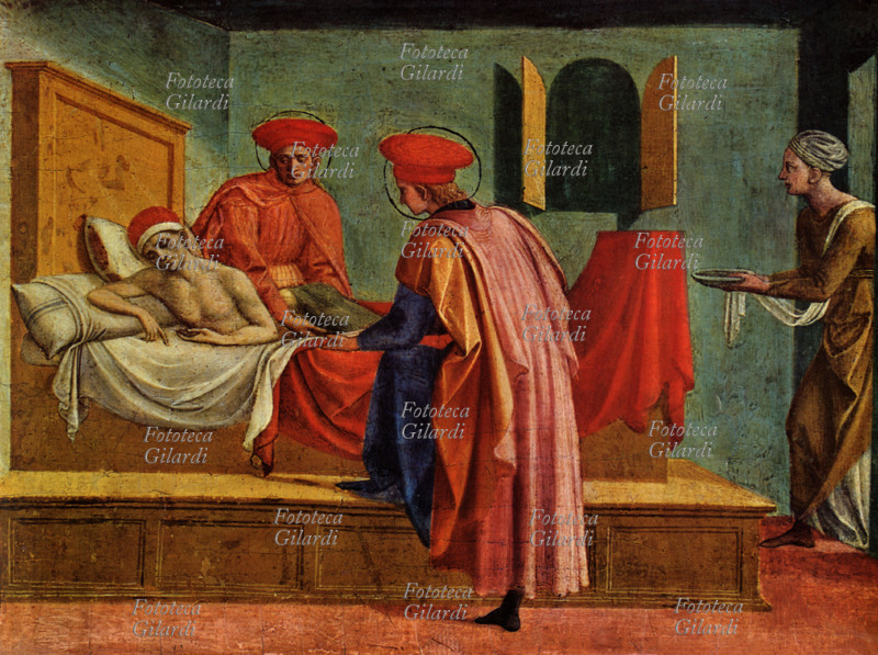 Francesco PESELLINO (di Stefano, 1422 - 1457) I Santi Cosma e Damiano (260 circa – 303) mentre eseguono il trapianto della gamba di un uomo moro su uno bianco. Le leggende sulla vita di questi santi narrano che i due fratelli gemelli medici curavano gratuitamente i poveri e che eseguivano interventi chirurgici con l\
