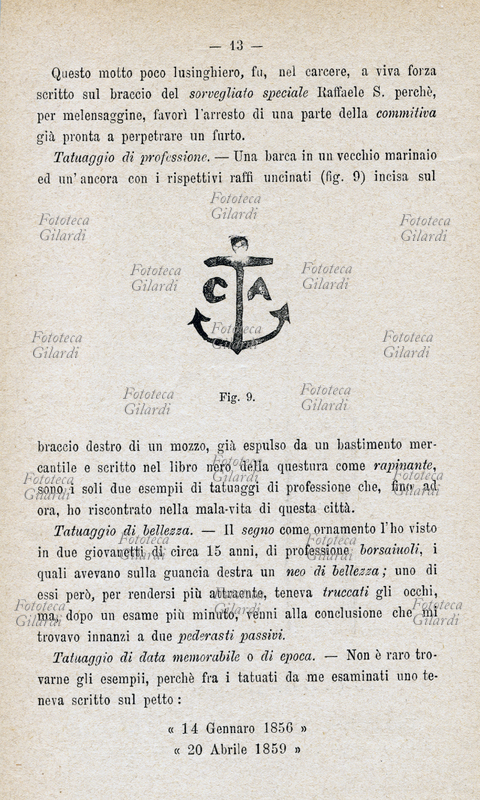 ANTROPOLOGIA CRIMINALE Àncora con iniziali C A, disegno eseguito per rilievo e studio dei tatuaggi su persone pregiudicate. Pagina illustrata da \