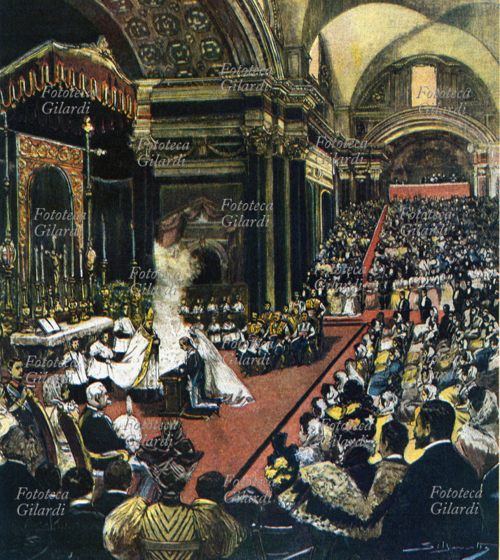 Vittorio EMANUELE III (1869-1947) Le nozze del principe ereditario Vittorio Emanuele con la principessa Elena del Montenegro nella basilica di Santa Maria degli Angeli, il 24 ottobre 1896. Illustrazione da un giornale dell\